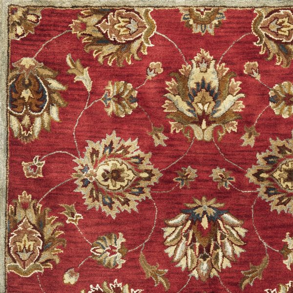 5' Round Red Floral Vine Wool Indoor Area Rug - Image 4