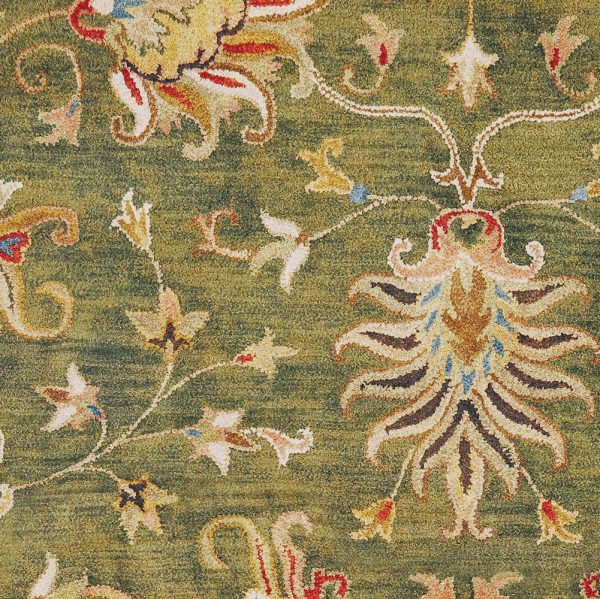 5' Round Emerald Green Floral Vine Wool Indoor Area Rug - Image 5