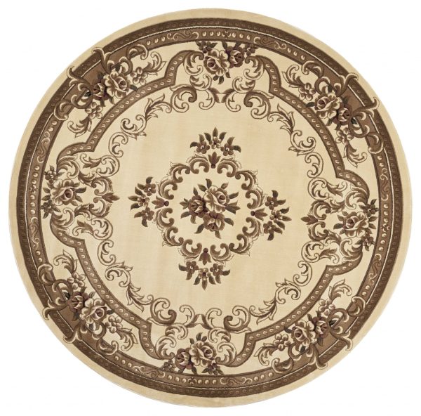 8' Ivory Machine Woven Hand Carved Floral Medallion Round Indoor Area Rug