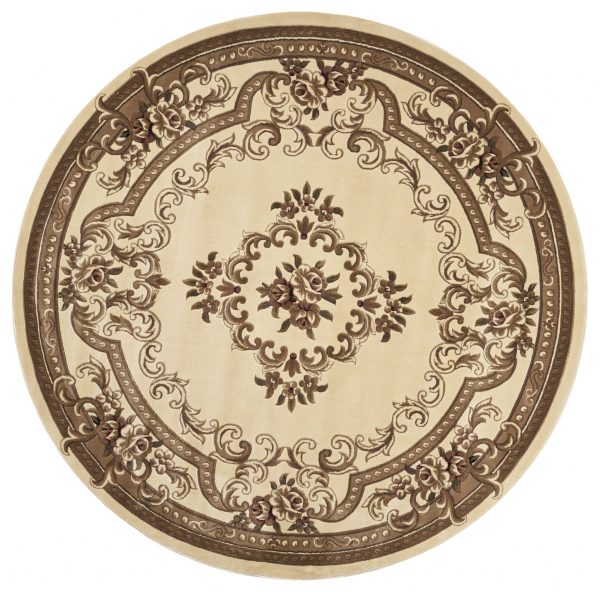 8' Ivory Machine Woven Hand Carved Floral Medallion Round Indoor Area Rug - Image 2