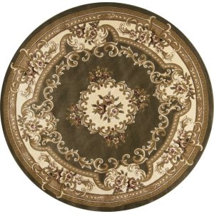 7' Round Green or Ivory Floral Bordered Indoor Area Rug