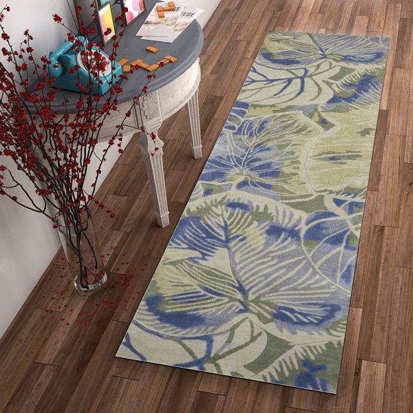 2' x 10' Blue or Green Oversized Leaves Wool Indoor Runner Rug - Image 4