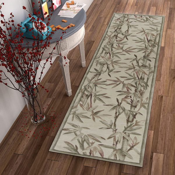 2' x 10' Ivory Bamboo Leaves Wool Indoor Runner Rug - Image 4