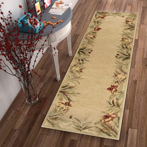 10' Ivory Hand Tufted Bordered Tropical Plants Indoor Runner Rug - Image 4