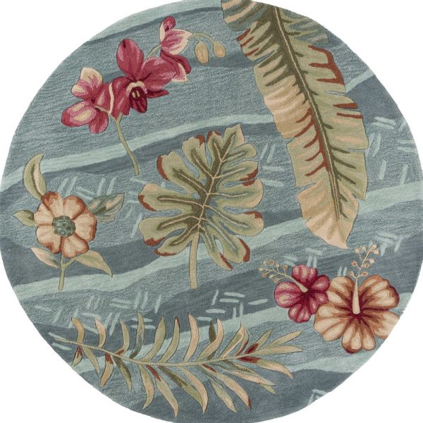 6' Seafoam Green Hand Tufted Tropical Plants Round Indoor Area Rug - Image 4