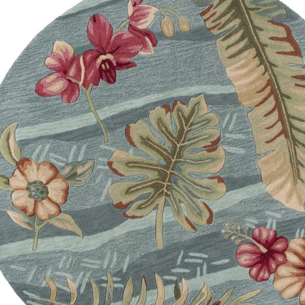 6' Seafoam Green Hand Tufted Tropical Plants Round Indoor Area Rug - Image 5