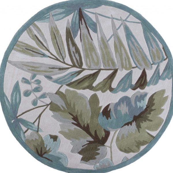 6' Ivory Teal Hand Tufted Tropical Leaves Round Indoor Area Rug - Image 4