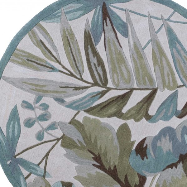 6' Ivory Teal Hand Tufted Tropical Leaves Round Indoor Area Rug - Image 5