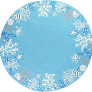 8' Sea Blue Hand Hooked Bordered Coral Reef Round Indoor Area Rug