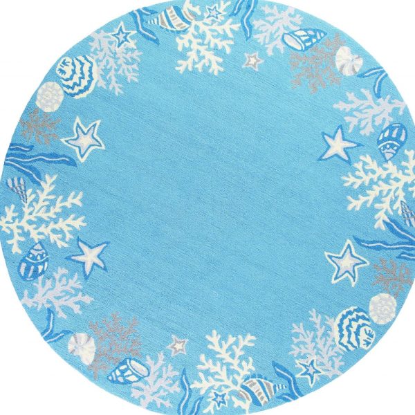 8' Sea Blue Hand Hooked Bordered Coral Reef Round Indoor Area Rug - Image 4