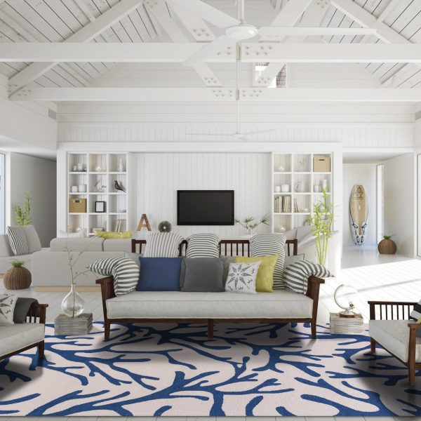 2'x3' Ivory Blue Hand Hooked Oversized Coral Reef Indoor Accent Rug - Image 4