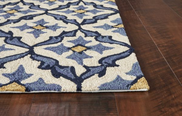 2'x3' Ivory Blue Hand Hooked UV Treated Quatrefoil Indoor Outdoor Accent Rug - Image 4