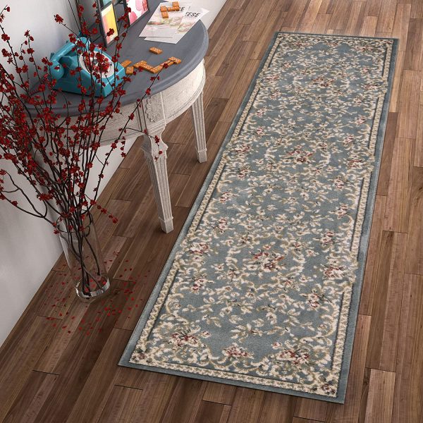 8' Slate Blue Bordered Floral Indoor Runner Rug - Image 5
