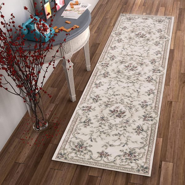 8' Ivory Bordered Floral Indoor Runner Rug - Image 4
