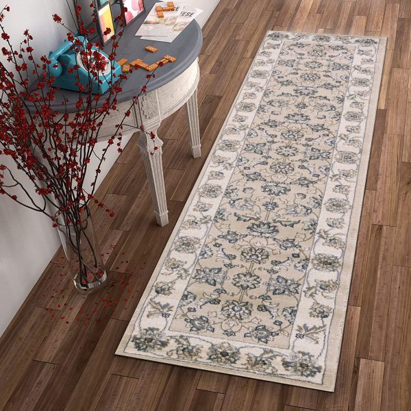 8' Beige Ivory Bordered Floral Indoor Runner Rug - Image 3