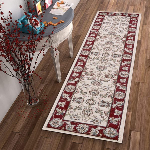 8' Ivory Red Bordered Floral Indoor Runner Rug - Image 4