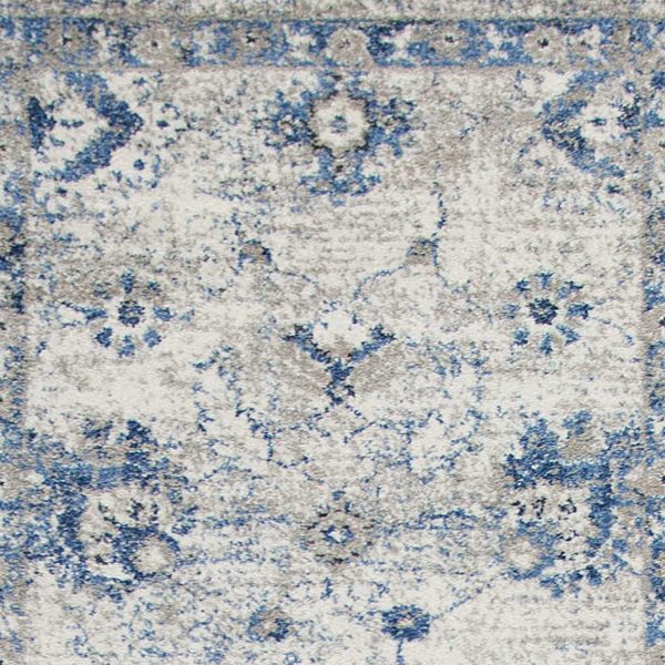 8' Grey Blue Machine Woven Bordered Floral Indoor Runner Rug - Image 2