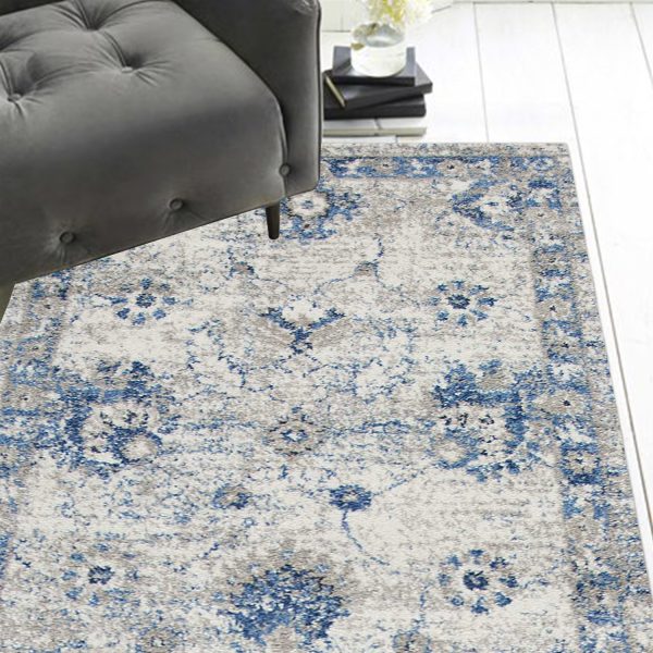 8' Grey Blue Machine Woven Bordered Floral Indoor Runner Rug - Image 3
