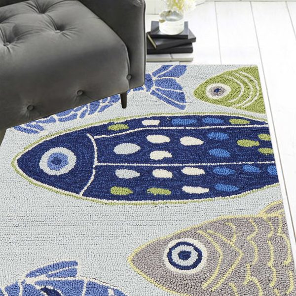 8' Light Blue Hand Hooked Oversized Sea Of Fish Indoor Runner Rug - Image 2