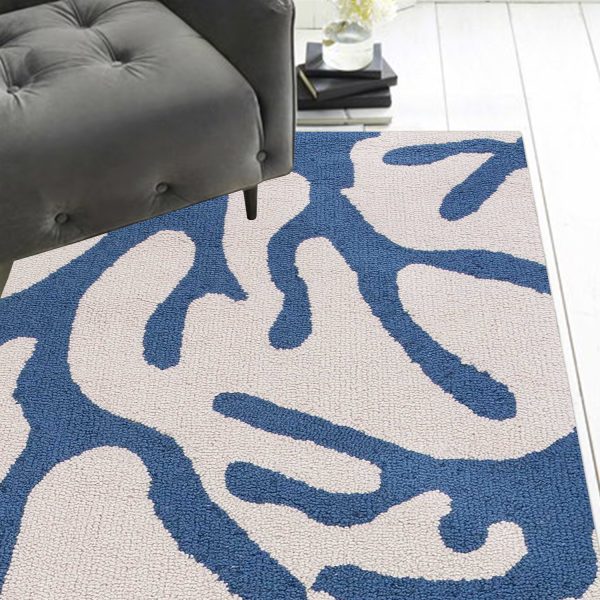 8' Ivory Blue Hand Hooked Oversized Coral Reef Indoor Runner Rug - Image 2