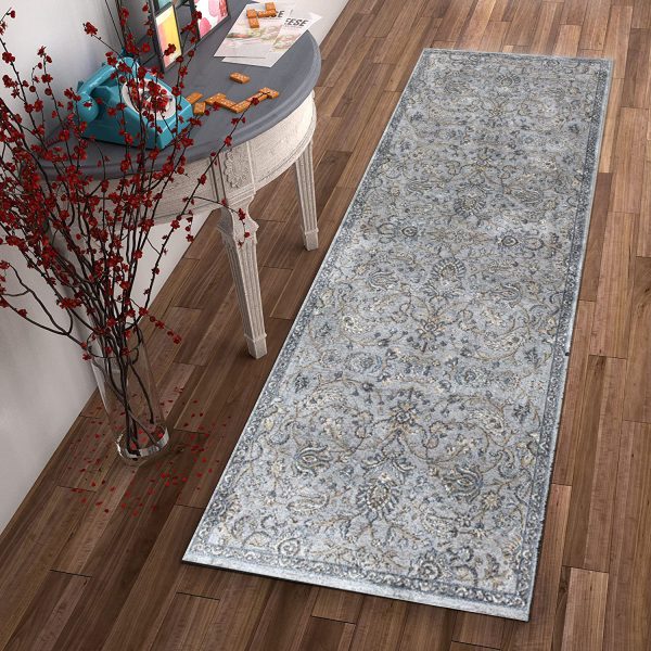 2' x 7' Silver or Blue Ancient Viscose Runner Rug - Image 4