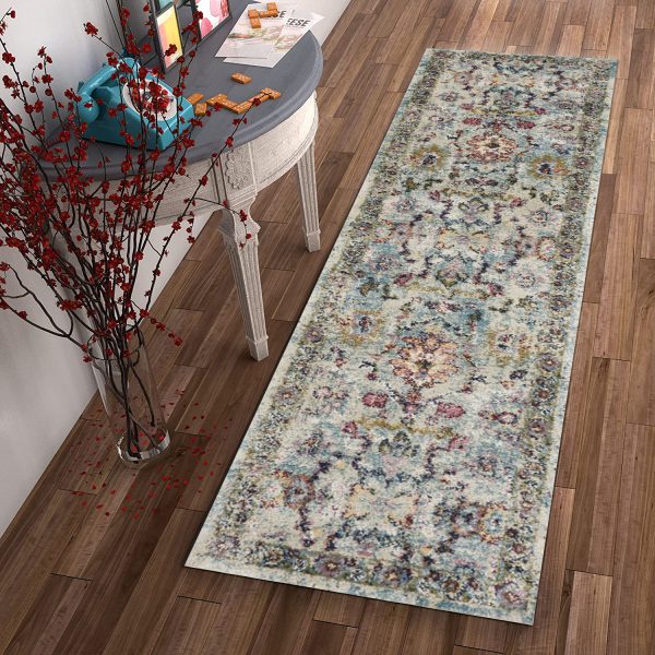 7' Light Blue Machine Woven Distressed Floral Traditional Indoor Runner Rug - Image 4