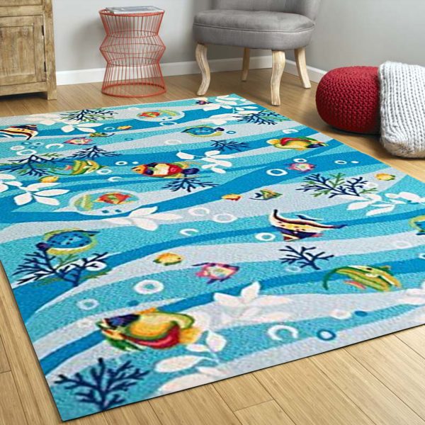 3'x5' Blue Hand Hooked Marine Life Indoor Area Rug - Image 2