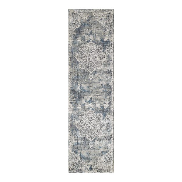 8' Ivory Machine Woven Distressed Diamond Floral Medallion Indoor Runner Rug - Image 2
