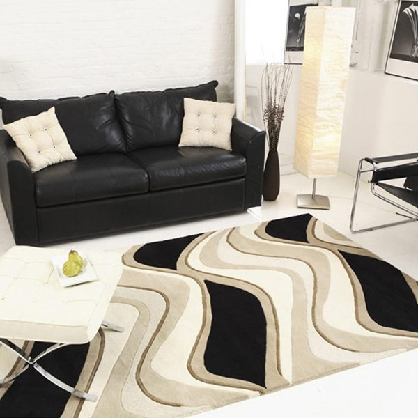 2' x 7' Black or Beige Abstract Waves Wool Runner Rug - Image 3