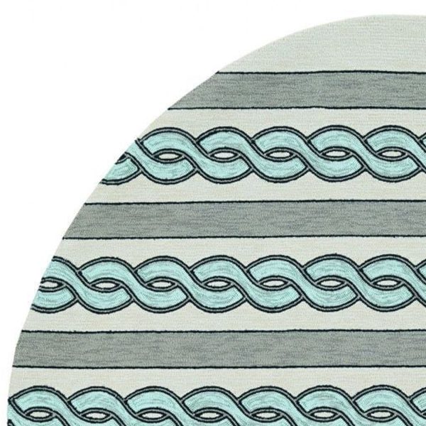 7' Ivory Spa Hand Hooked UV Treated Cable Stitch Round Indoor Outdoor Area Rug - Image 2