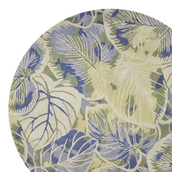 6' Blue Green Hand Tufted Tropical Leaves Round Indoor Area Rug - Image 2