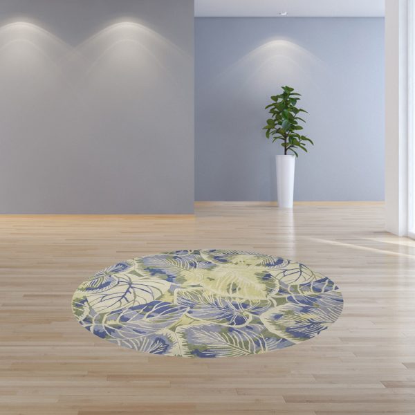 6' Blue Green Hand Tufted Tropical Leaves Round Indoor Area Rug - Image 4