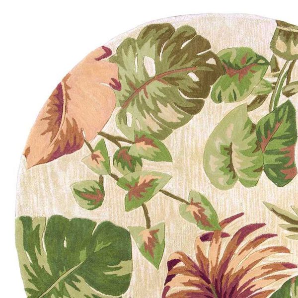 6' Beige Hand Tufted Tropical Plant Round Indoor Area Rug - Image 2
