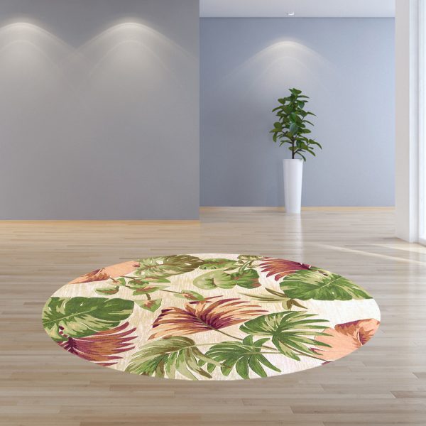 6' Beige Hand Tufted Tropical Plant Round Indoor Area Rug - Image 4