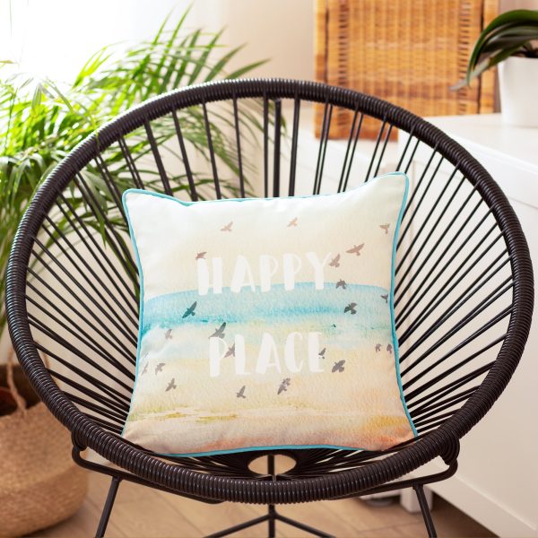 Square Happy Place Beach Quote Decorative Throw Pillow Cover - Image 2