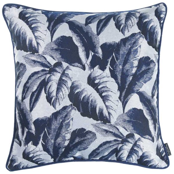 Navy Blue Jacquard Tropical Leaf Decorative Throw Pillow Cover - Image 2