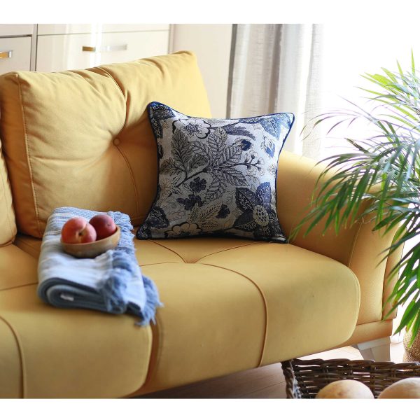 Square Blue Jacquard Leaf Decorative Throw Pillow Cover - Image 2