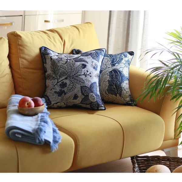Square Blue Jacquard Leaf Decorative Throw Pillow Cover - Image 3
