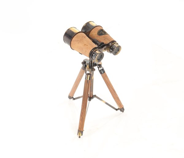 8" x 8" x 11" Wood Brass Binocular On Stand - Image 3