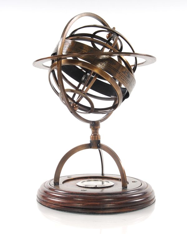 7" x 7" x 11" Brass Armillary With Compass On Wood Base - Image 2