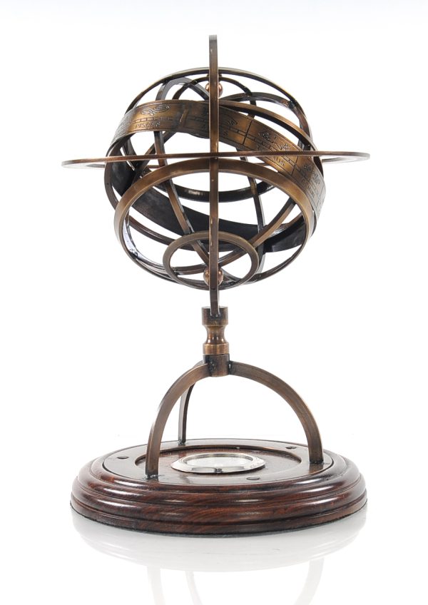 7" x 7" x 11" Brass Armillary With Compass On Wood Base - Image 3
