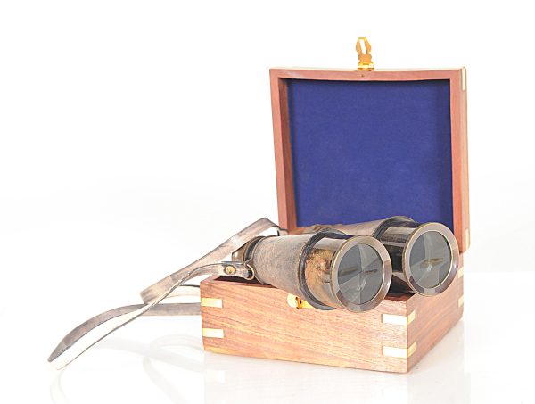 Rustic Brass and Leather Binoculars in Wood Storage Box - Image 2