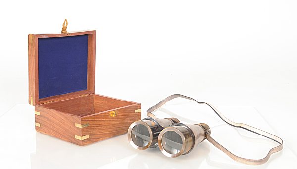 Rustic Brass and Leather Binoculars in Wood Storage Box - Image 3