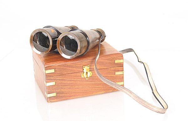 Rustic Brass and Leather Binoculars in Wood Storage Box - Image 4