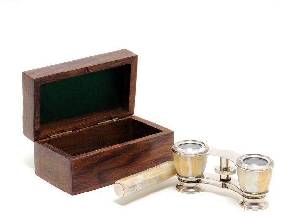 Elegant Mother of Pearl Opera Glasses in Wood Storage Box - Image 2