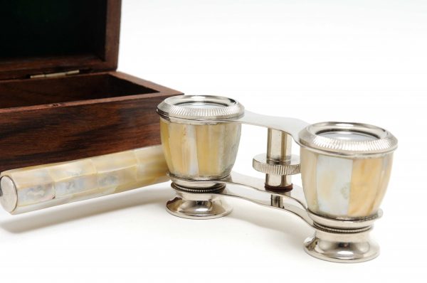 Elegant Mother of Pearl Opera Glasses in Wood Storage Box - Image 5