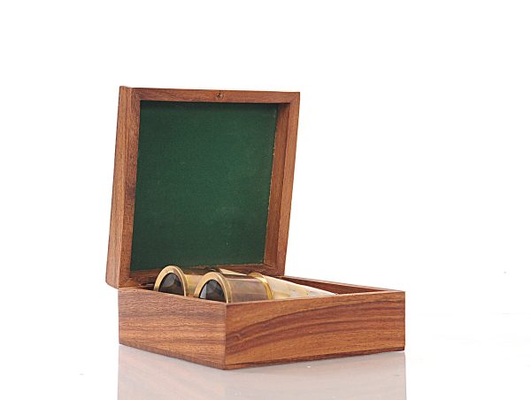 Elegant Brass and Mother of Pearl Binoculars in Wooden Storage Box - Image 2