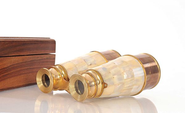 Elegant Brass and Mother of Pearl Binoculars in Wooden Storage Box - Image 3