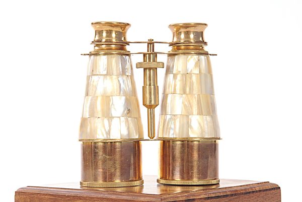 Elegant Brass and Mother of Pearl Binoculars in Wooden Storage Box - Image 4
