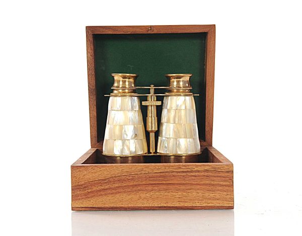 Elegant Brass and Mother of Pearl Binoculars in Wooden Storage Box - Image 5